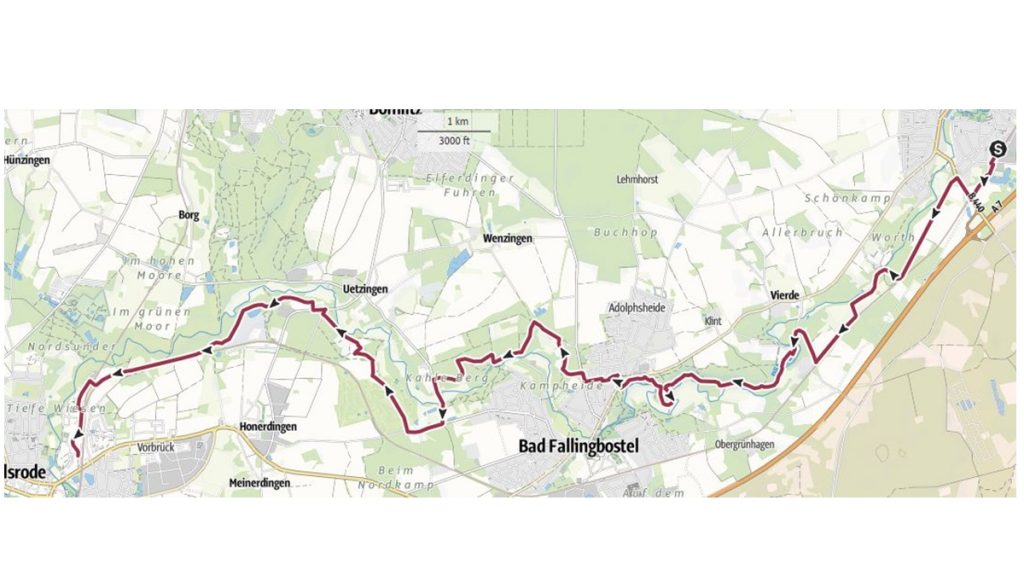 eine Jetztaberlos-Tour, Wanderstfrecke von Dorfmark über Bad Fallingbostel nach Walsrode. Rund 20 km durch die Heide und am Wasser